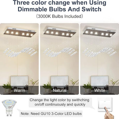 Depuley Modern K9 Crystal Chandelier, 6-Light Rectangle Flush Mount Ceiling Light, Wave Raindrop Crystal Pendant Lighting for Dining Room Kitchen Living Room Bedroom, L29.5'' x W11.8'' x H25.6''