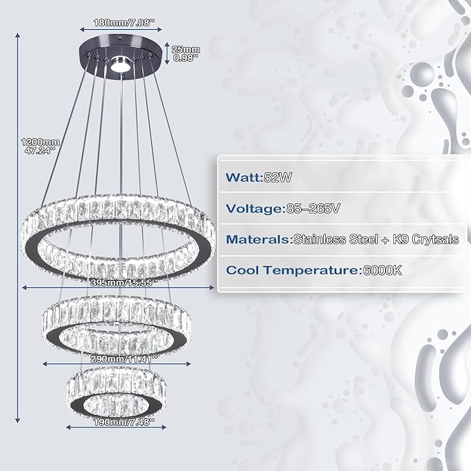 Finktonglan 3-Ring Crystal LED Chandelier, Cool White 6500K, 52W Integrated, Adjustable Height & Shapes, K9 Crystal & Stainless Steel Pendant Light for Dining Living Room Foyer, Non-Dimmable
