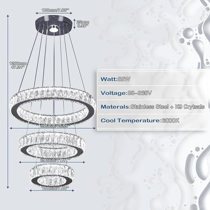 Finktonglan 3-Ring Crystal LED Chandelier, Cool White 6500K, 52W Integrated, Adjustable Height & Shapes, K9 Crystal & Stainless Steel Pendant Light for Dining Living Room Foyer, Non-Dimmable