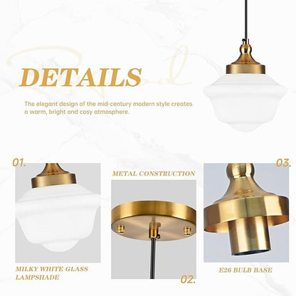 Bagood 8" Gold Schoolhouse Light Fixture Milk Glass Pendant Light Schoolhouse Pendant Light Milk Glass Light Fixture Mid Century Modern Ceiling Light for Bedroom Bathroom Kitchen Island (Bulb Incl.)