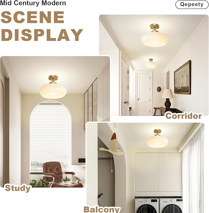 2 Pack Modern Semi Flush Mount Ceiling Light 1-Light Gold Ceiling Light Milky White Glass Shade Vintage Gold E26 Socket (Bulbs Not Included) Rustic Ceiling Light Fixture for Bar Cafe Office