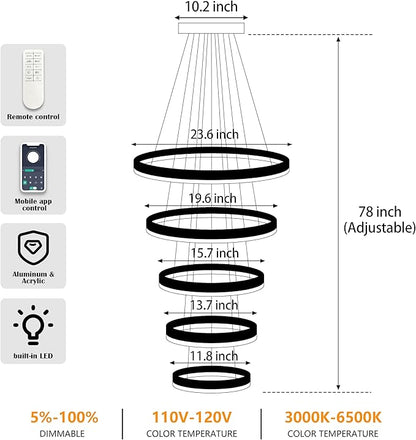 5 Rings Pendant Lights Modern Black Led Chandelier Black Modern Led Pendant Light Dimmable Height Adjustable Chandeliers for Dining Room Bedroom Entryway Living Room Foyer (3000K-6000K)