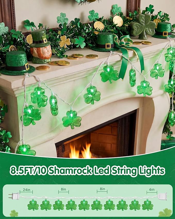 SUNSGNE Shamrock String Lights St. Patrick's Day Lights, 8.5Ft Outdoor Patio String Light with 10 LED Green Shamrock, Plug in Fairy Lucky Clover String Lights for Home Garden Irish Party Decoration