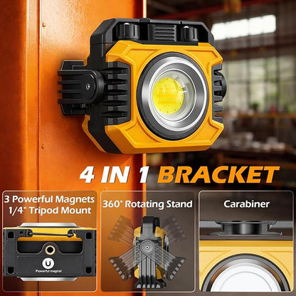 Samyoung 2-Pack 2400LM Magnetic Rechargeable Work Light, Dual-Sided LED Work Light, Up to 80 Hours Runtime, Stepless Dimming 2700K-8000K, Magnetic Flashlight with 360° Rotating Stand, Hook, Yellow