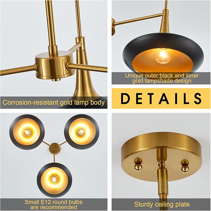 3-Lights Modern Chandelier,Black and Brass Chandelier for Dining Room Living Room,Mid-Century Pendant Light Fixtures,Industrial Hanging Light Fixture,E12