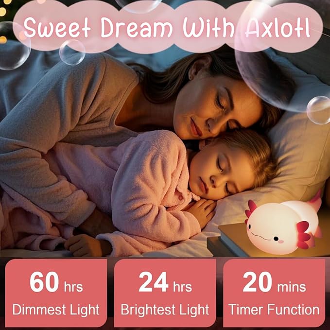 YR YRHH-PET Axolotl Lamp Kid Cute Night Light, Rechargeable Squishy Axolotl Gifts for Girls, Mother, Baby Touch Nightlight, Dimmable Silicone LED Animal Toy, Bedside Pink Lamp, Nursery Kawaii Décor