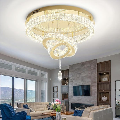Flashing God Dia 32'' Modern Chandeliers for Living Room Crystal Flush Mount Ceiling Chandelier Large Chandeliers for Dining Room Bedroom LED Dimmable 3000-6000K Gold