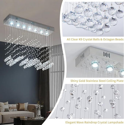 Crystal Chandelier Modern Chandelier 7-Light Rectangular Deluxe Wave Chandelier Ceiling Light Fixture Raindrop Chrome Flush Mount Pendant Lamp for Kitchen Island Bedroom Dining Room