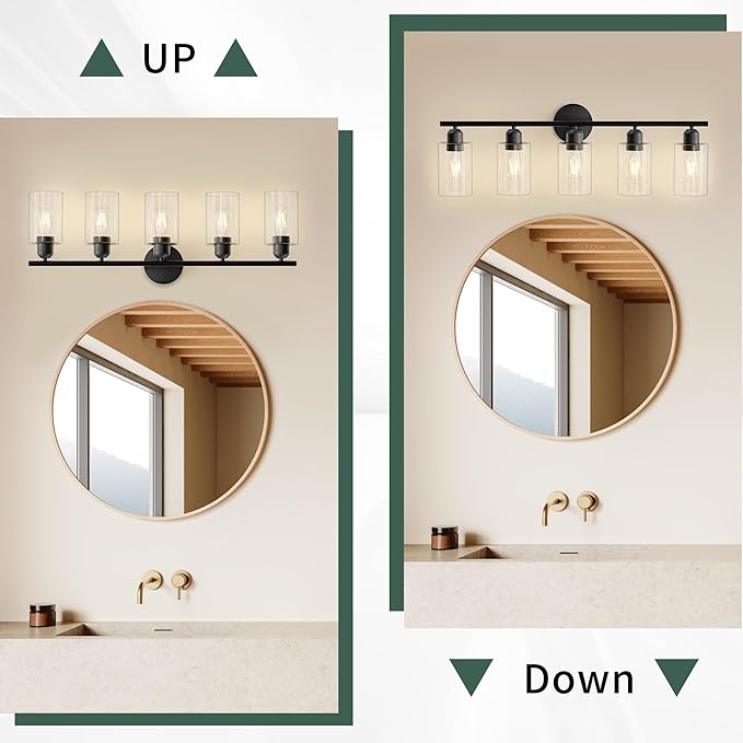 Bathroom Vanity Light Fixtures Matte Black Bathroom Lighting Fixture, 5 Lights Bathroom Light Fixture Over Mirror, Modern Black Vanity Light, Wall Sconces with Glass Shades