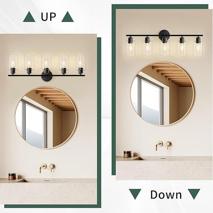 Bathroom Vanity Light Fixtures Matte Black Bathroom Lighting Fixture, 5 Lights Bathroom Light Fixture Over Mirror, Modern Black Vanity Light, Wall Sconces with Glass Shades