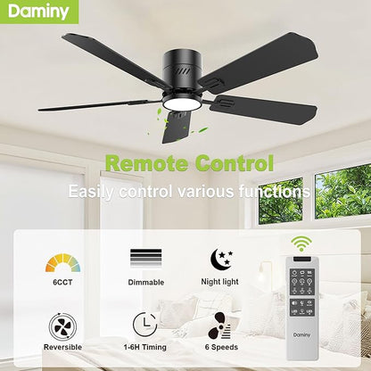 DAMINY 52 inch 5 Blades Black Ceiling Fans with Lights,Flush Mount,6CCT, Low Profile Ceiling Fan with Light and Remote Control,DC Motor,Ceiling Fan for Bedroom, Kitchen,Living Room,Indoor/Outdoor Use