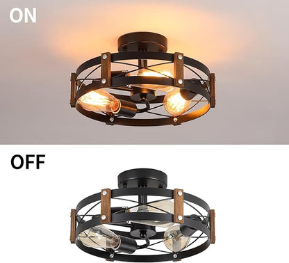 2 Pack 3-Light Rustic Farmhouse Wood Flush Mount Ceiling Light Fixture 13.6 inch Oak Wood and Metal Round Cage Semi Flush Mount Ceiling Light for Hallway Hall Entry Bedroom Kitchen Farmhouse, Black