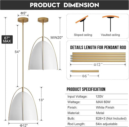 White Gold Pendant Light 3-Light Socket Large Pendant Light Fixture with Adjustable Pendant Rod 12in Dome Kitchen Pendant Lighting for Kitchen Island Dining Room Kitchen Sink, E26
