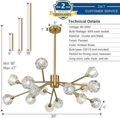 Weesalife Sputnik Chandeliers for Dining Room Light Fixtures,Modern Crystal Chandeliers for Living Room,15 Lights Gold Mid Century Brass Lighting Fixtures for Kitchen Island Bedroom Entryway