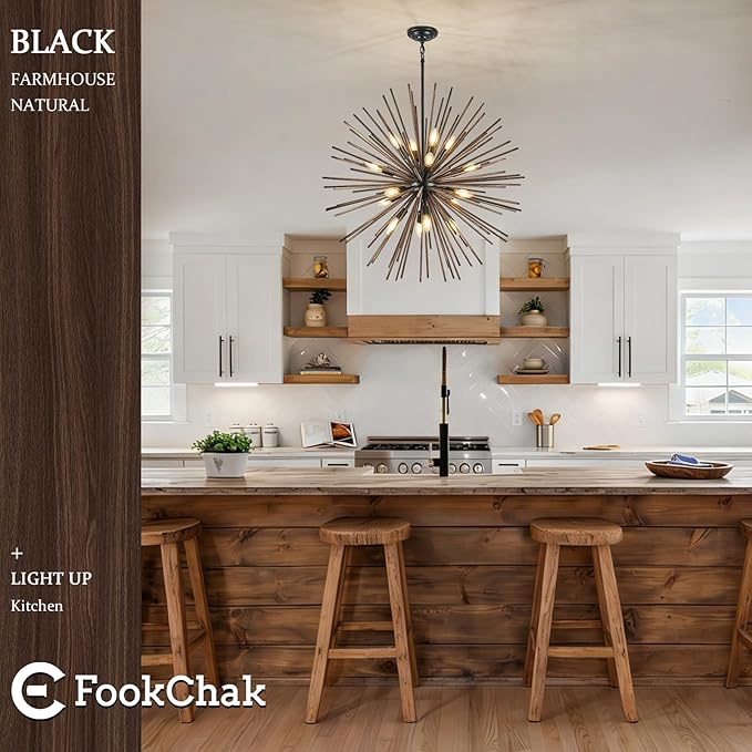 Large Wood Sputnik Chandeliers 16 Light Starburst Chandelier Light Fixture Solid Wood Farmhouse Black Satellite Light Fixture for Dining Room Foyer Living Room 32in