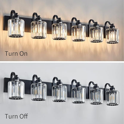 Black Crystal Bathroom Vanity Lights Fixtures 6 Light Over Mirror Modern Matte Black Bath Wall Lights with Round Shade (Exclude Bulb)