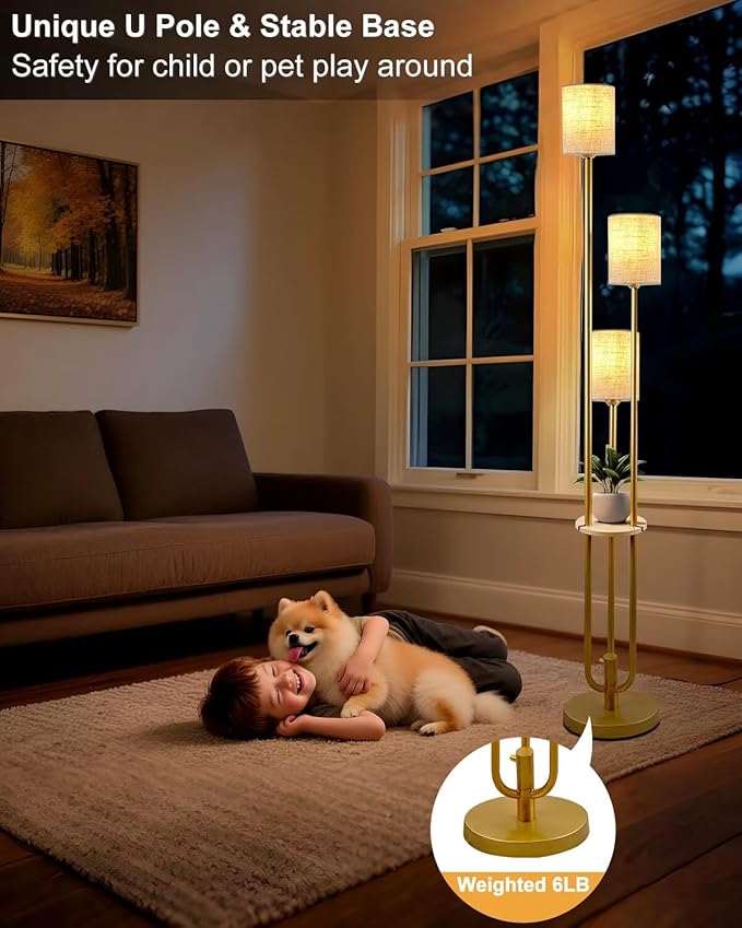 Gold Floor Lamp Dimmable 64IN Tall Standing Lamps with Soft Warm White Eye Care 3000K G9 Bulbs, Mid Century Modern Floor Lamp with 5Lbs Heavy Base for Livng Room Bedroom