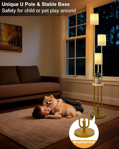 Gold Floor Lamp Dimmable 64IN Tall Standing Lamps with Soft Warm White Eye Care 3000K G9 Bulbs, Mid Century Modern Floor Lamp with 5Lbs Heavy Base for Livng Room Bedroom