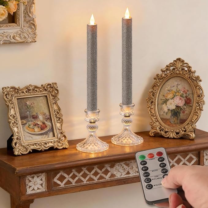LED Flameless Taper Candles with Remote Control,Set of 2, Silver Glitter Finish, Crystal Glass Candlestick Holders, Timer Function (Silver LED)