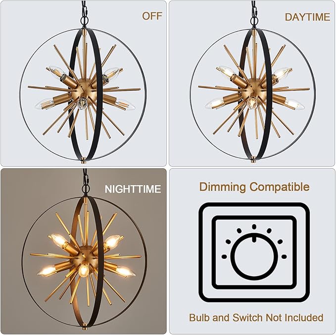 17.7" Black Gold Globe Sputnik Chandelier, 8-light Mid Century Modern Industrial Starburst Golden Satellite Pendant Light Fixture for Entryway Stairway Kitchen Dining Living Room Hallway, E12
