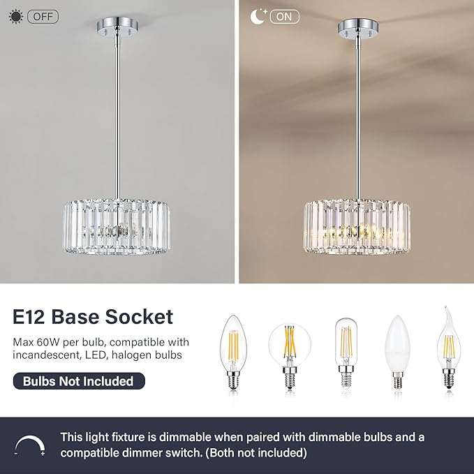 YURNYQ Chrome Crystal Chandelier, Small Modern Semi Flush Mount Ceiling Chandelier Light Fixtures, Round Hanging Lighting Fixture for Kitchen Bedroom Hallway Entryway Laundry Room, 3-Light, 11.8 Inch