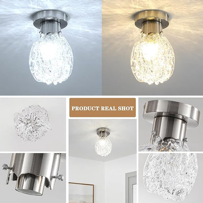 Vintage Glass Semi Flush Mount Ceiling Light Silver, 2 Pack Hammered Glass Hallway Ceiling Light Fixture, Small Close to Ceiling light for Living Room Bedroom Bathroom Kitchen Entryway with E26 Base