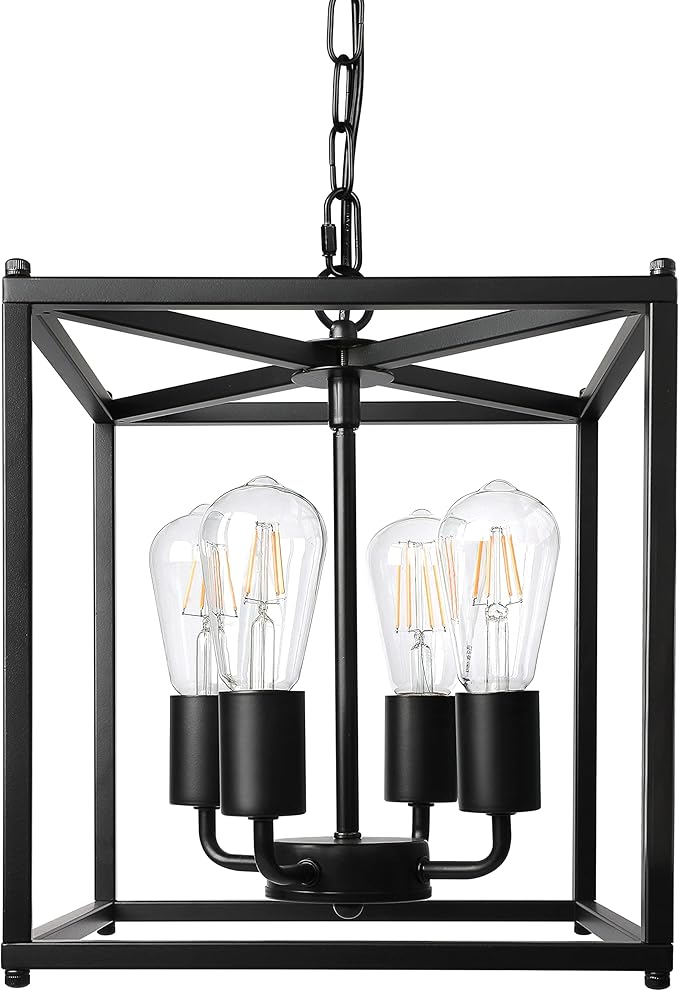 Unicozin 4-Light Black Farmhouse Chandelier, Iron Lantern Pendant Light Rustic Cage Adjustable Height, E26 Base Industrial Hanging Lights for Kitchen Island Dining Room Hallway Foyer Entryway