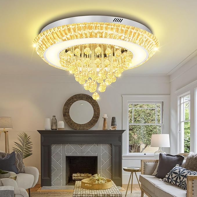 Modern LED Crystal Chandelier, Large Round Raindrop Chandelier for Living Dining Room 32in Chorme Flush Mount Ceiling Light Kitchen Island Bar