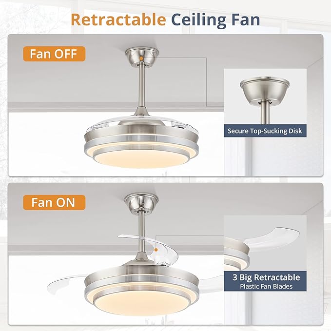 LEDIARY Retractable Ceiling Fans with Lights and Remote, 42 Inch Fandelier Ceiling Fans with LED Lighting, Smart Modern Ceiling Fan, Stepless Color Changeable, Dimmable, Timer Setting, Brush Nickel