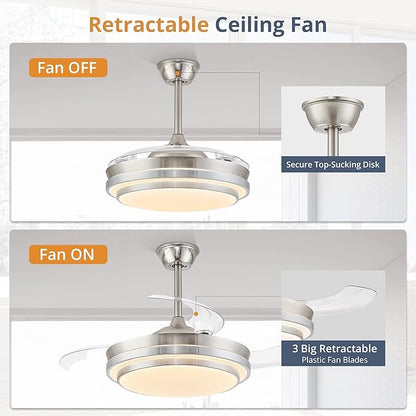 LEDIARY Retractable Ceiling Fans with Lights and Remote, 42 Inch Fandelier Ceiling Fans with LED Lighting, Smart Modern Ceiling Fan, Stepless Color Changeable, Dimmable, Timer Setting, Brush Nickel