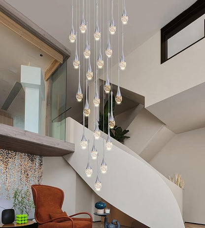 Modern Crystal Staircase Chandelier Polished Chrome 24-Lights, H138'' Large High Ceiling Spiral Dimmable LED Raindrop Foyer Entryway Light Fixture Remote Control