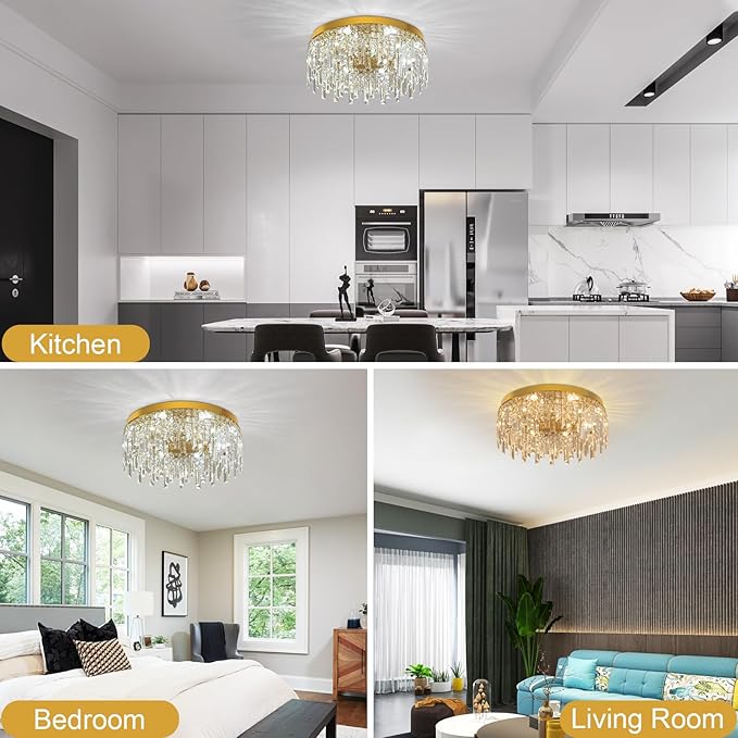 VETRULUS Gold Crystal Chandeliers for Dining Room 19.68" Round Luxury Flush Mount Crystal Ceiling Light Fixture Modern Chandelier for Bedroom Living Room Kitchen Island