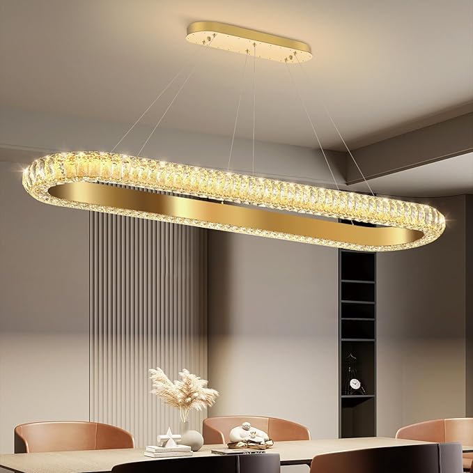 47'' Oval Ring Crystal Chandelier Modern LED Dimmable Ring Pendant Light Chandelier for Dining Room Living Room Gold