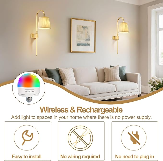 ZECOXOL Vintage Battery Operated Wall Sconces Set of 2, Gold Rechargeable Wireless Wall Lamp Lights with Fabric Lampshade & LED Remote Bulb,Dimmable Flower Wall Sconce for Bedroom Living Room Hallway
