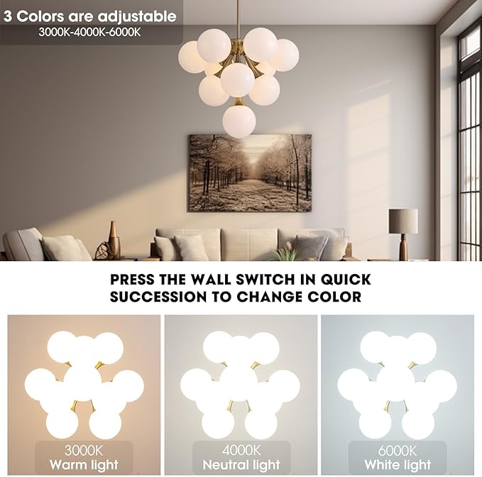 Mid Century Modern Chandelier,Gold Globe Sputnik Chandeliers,10 Lights Pendant Lighting Fixture, for Dining Living Room, Kitchen Island