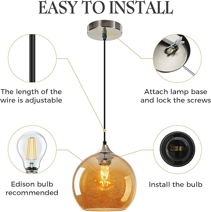 Amber Glass Pendant Light for Kitchen Island, Includes 3 Bulbs & 4.92FT Adjustable Cord, Modern Pendant Lighting Fixtures for Kitchen, Dining Room, Living Room(7.1in)
