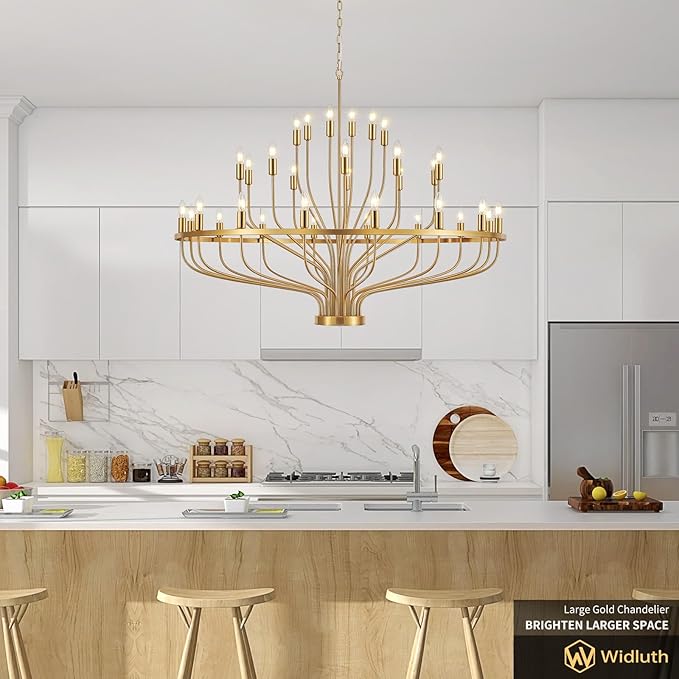 51.2" Modern Large Gold Chandelier Vintage 32-Lights Mid Century Modern Candle Style Chandeliers Light Fixture Vintage Rustic Golden Chandelier for Dining Room, Kitchen, Living Room, E12