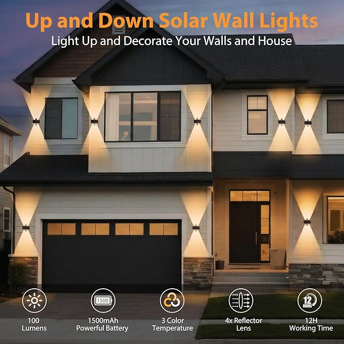 8PACK Solar Sconce Lights Outdoor,3000/4000/6000K 3 Modes Up and Down Solar Wall Lights Dusk to Dawn Lighting IP65 Waterproof Solars Lights Outdoor for Exterior Front Porch Garage Fence Patio Yard
