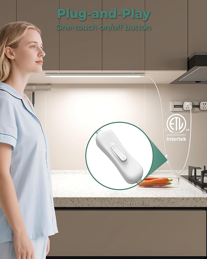 ASOKO 25Inch Under Cabinet Lights,Plug and Play Under Counter Lighting,6000K Cool White with 1000LM Super Bright,ETL Light Bar with ON/Off Switch for Kitchen,Under Desk,Workbench