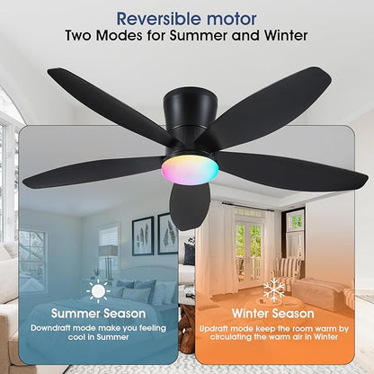 Surtime Flush Mount RGB Ceiling Fans with Lights-48 Low Profile Ceiling Fan with Light and Remote/APP Control,DC Reversible,LED Dimmable Blakc Ceiling Fans for Bedroom,Indoor/Outdoor Patio Use