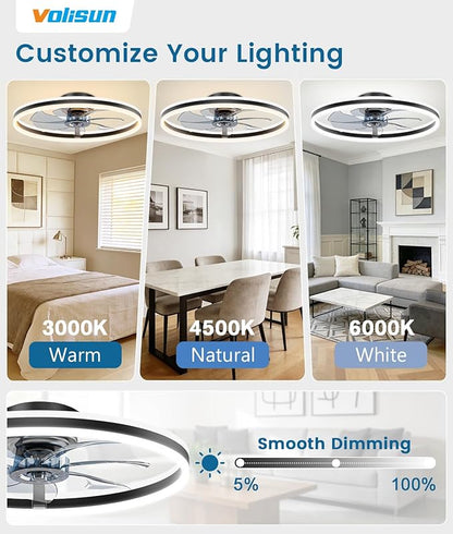 VOLISUN RGB Ceiling Fan with Lights and Remote, 23.6in Low Profile Ceiling Fan Flush Mount, 3000K-6500K Dimmable Fandelier LED Fan Light, Black Bladeless Ceilings Fans for Bedroom
