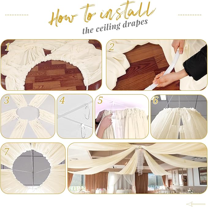 6 Panels Beige Ceiling Drapes for Wedding Ceiling Drapes 5ftx20ft Wedding Arch Draping Fabric Sheer Curtains Voile Chiffon Drapery Draping Decorations for Party Ceremony Stage