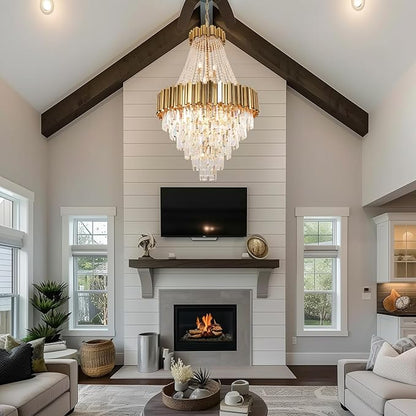 Luxury Crystal Chandelier for High Ceilings, 30" 17-Light Gold Lighting Fixture for Foyer Entryway, Stairway, Open Dining Room