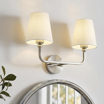 2-Light Bathroom Light Fixtures, Brushed Nickel Vanity Lights, Double Wall Sconce with Beige Fabric Shade, Modern Sconces Wall Lighting for Hallway Bedroom Stairway, VL837-BN-B-2