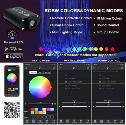 AMKI 16W RGBW Fiber Optic Curtain Light Kit, 300 Strands Flash Point Waterfall Curtain Lights Kit with Sound Smart App Control 0.04in/1mm 6.5ft/2m Fiber Optic Cable for Home Window Decor