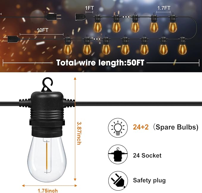 GvvooHome 50FT LED Outdoor String Lights with 26 Shatterproof S14 Edison Bulbs (2 Spare), Dimmable Hanging Outdoor Lights for Backyard, Porch, 2700K Warm White