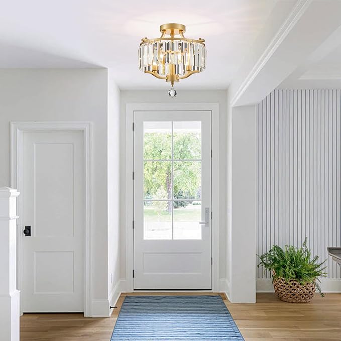 Crystal Gold Chandeliers Modern Farmhouse Small Chandelier 12.2 Inch 3-Light Round Crystal Mini Semi Flush Mount Ceiling Light Fixture for Dining Room Entryway Hallway Kitchen Bedroom Foyer