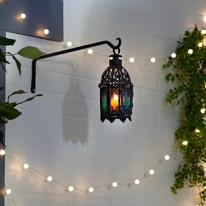 Zingz & Thingz Moroccan Style Candle Lantern Holder, Decorative Light Home Decor, Indoor & Outdoor, 13" Tall, Black with Rainbow Glass