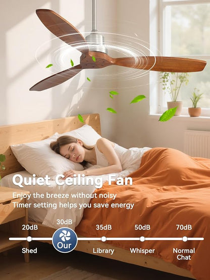 Sofucor Ceiling Fan no Lights, 52 Inch Modern Wood Ceiling Fan with Remote, 3 Wooden Blades and 3 White Downrods, for Indoor Bedroom Living Room Outdoor Patio Porch, Reversible DC Motor, Brown