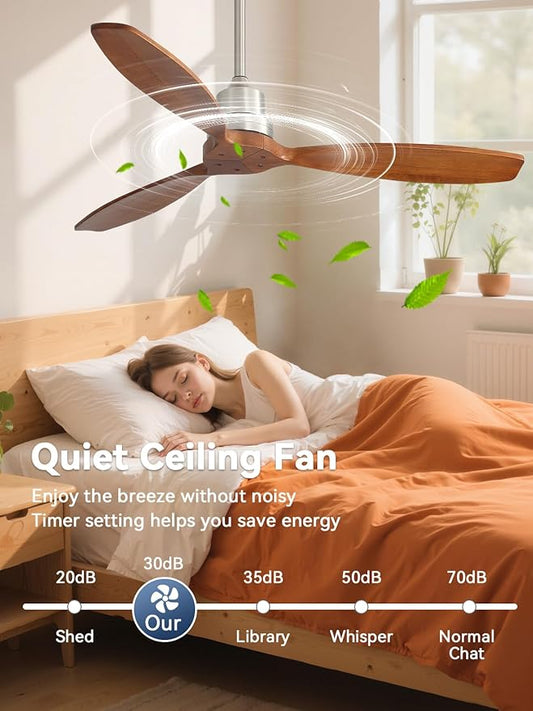 Sofucor Ceiling Fan no Lights, 52 Inch Modern Wood Ceiling Fan with Remote, 3 Wooden Blades and 3 White Downrods, for Indoor Bedroom Living Room Outdoor Patio Porch, Reversible DC Motor, Brown
